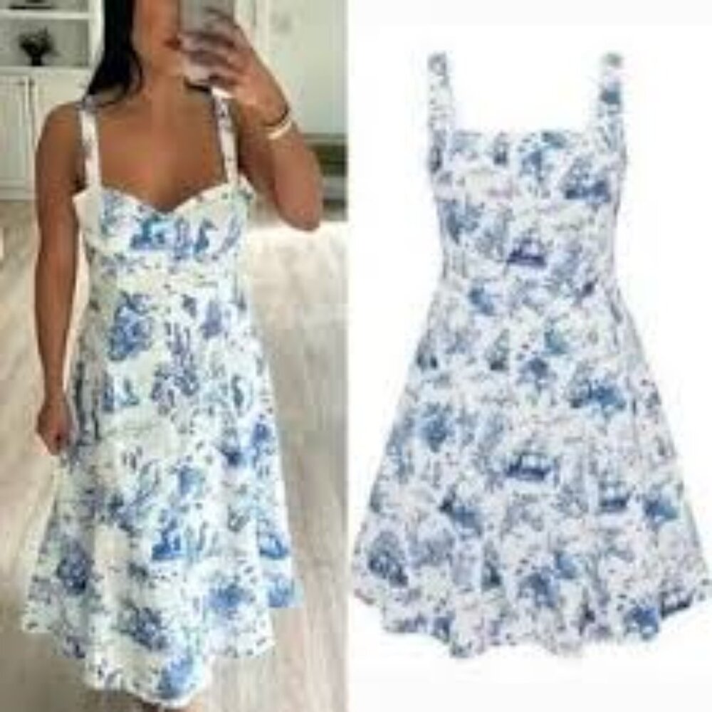 Avec Les Filles sea creature toile cotton blend white blue midi dress size 8